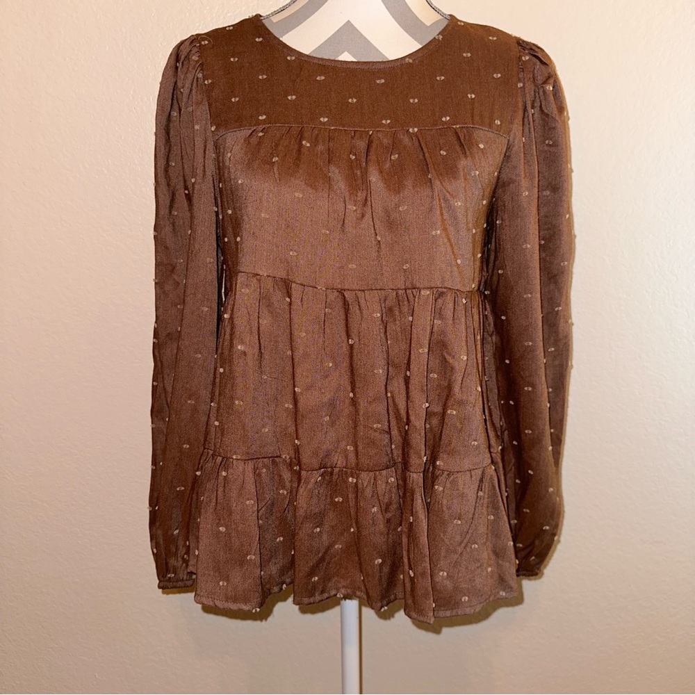 Altar’d State Brown Swiss Dot Tiered Long Sleeve Babydoll Top Small